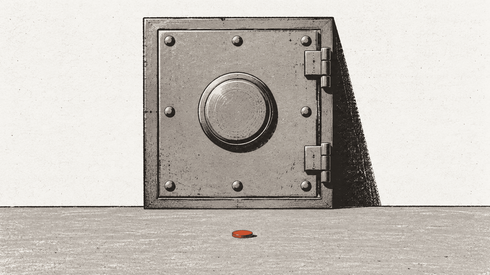 An oversized brass safe-deposit box door stands alone in an empty room with no keyhole in its lock, and a single small gold coin rests on the floor in front of it.