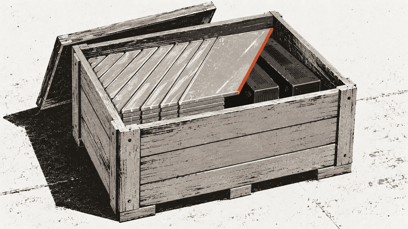 A wooden shipping crate stacked with panes of glass, with a row of dark boxy devices visible underneath where one pane has slipped aside.