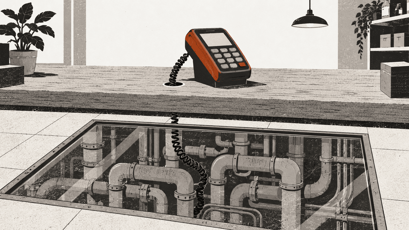 A card payment terminal on a shop counter with its cable disappearing through a hole into a tangle of pipework visible beneath a glass floor panel.