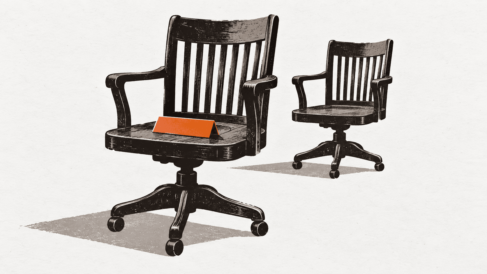 An empty office chair with a nameplate lying face-down on its seat, a second empty chair positioned behind it.