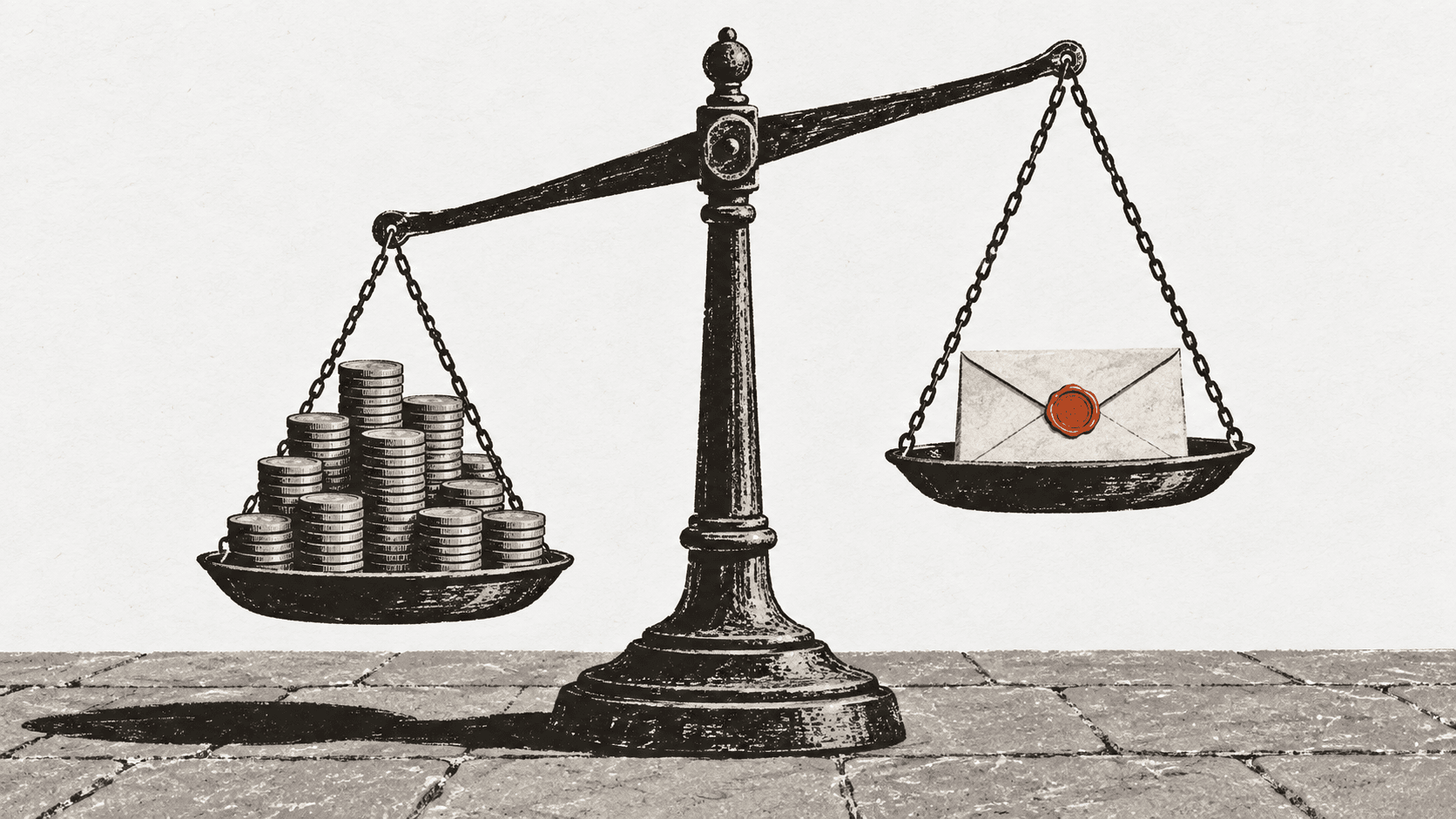 An old iron balance scale on a stone floor holds a heap of pound coins on one pan and a single sealed envelope on the other, its arms tipped unevenly.