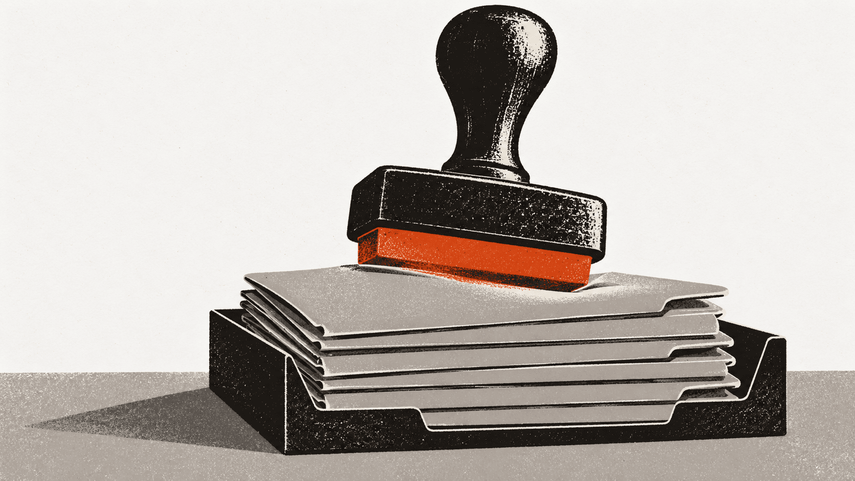 A rubber stamp hovers unsupported above a tray of case files, pressing down onto the top folder with no hand holding it.