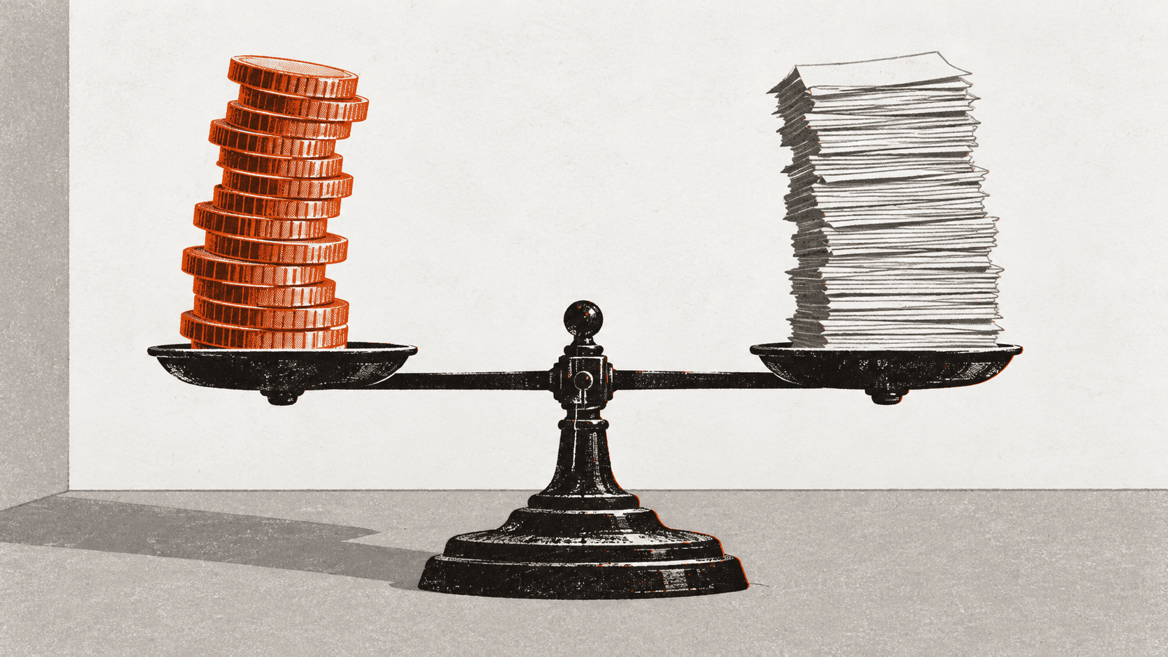 A large weighing scale balances a tall stack of pound coins against an equally tall stack of paper bond certificates.