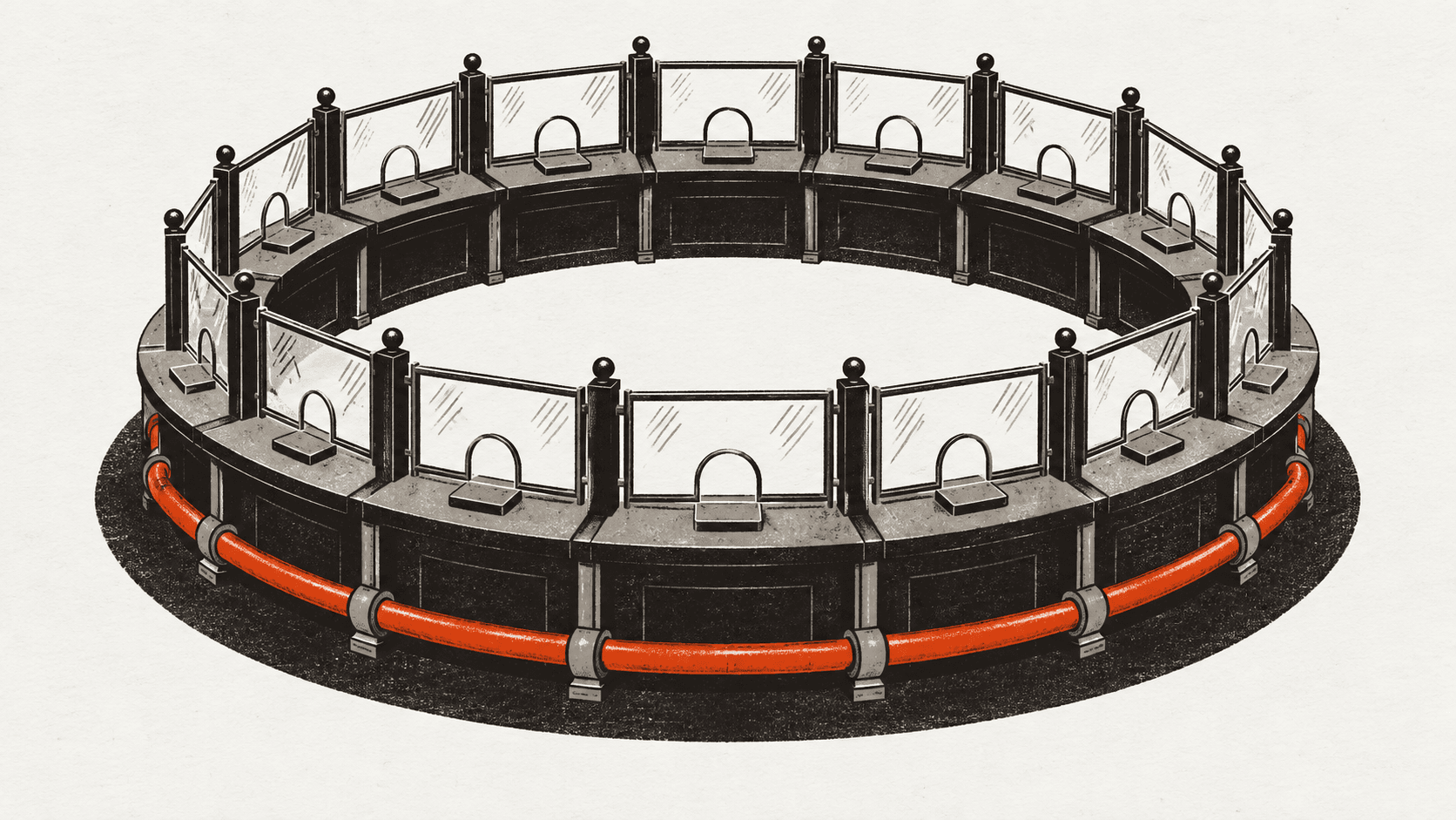 A circle of identical bank teller windows joined underneath by one looping tube that carries money from window to window and back to the start, with no tube leaving the circle.