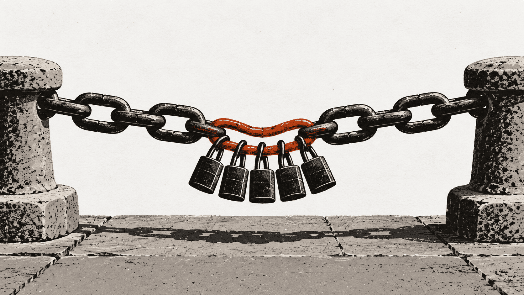 Five identical padlocks hang from a single straining link of an iron mooring chain stretched between two stone bollards, with every other link on the chain left bare.