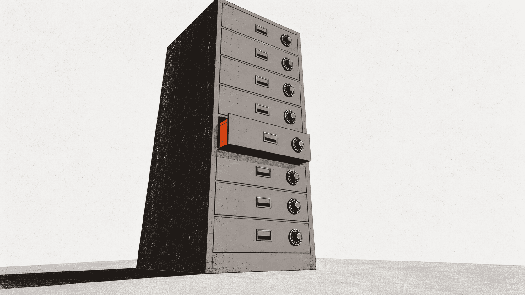 A towering steel filing cabinet with many locked drawers stands alone in an empty room, only one drawer open a crack.