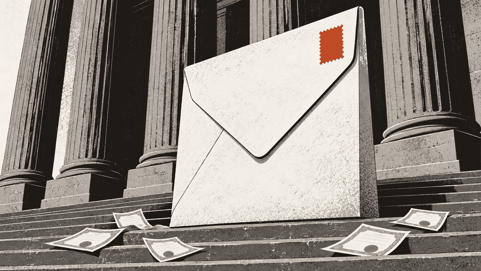 A giant sealed envelope stands upright on stone exchange steps, towering over scattered paper share certificates on the ground.