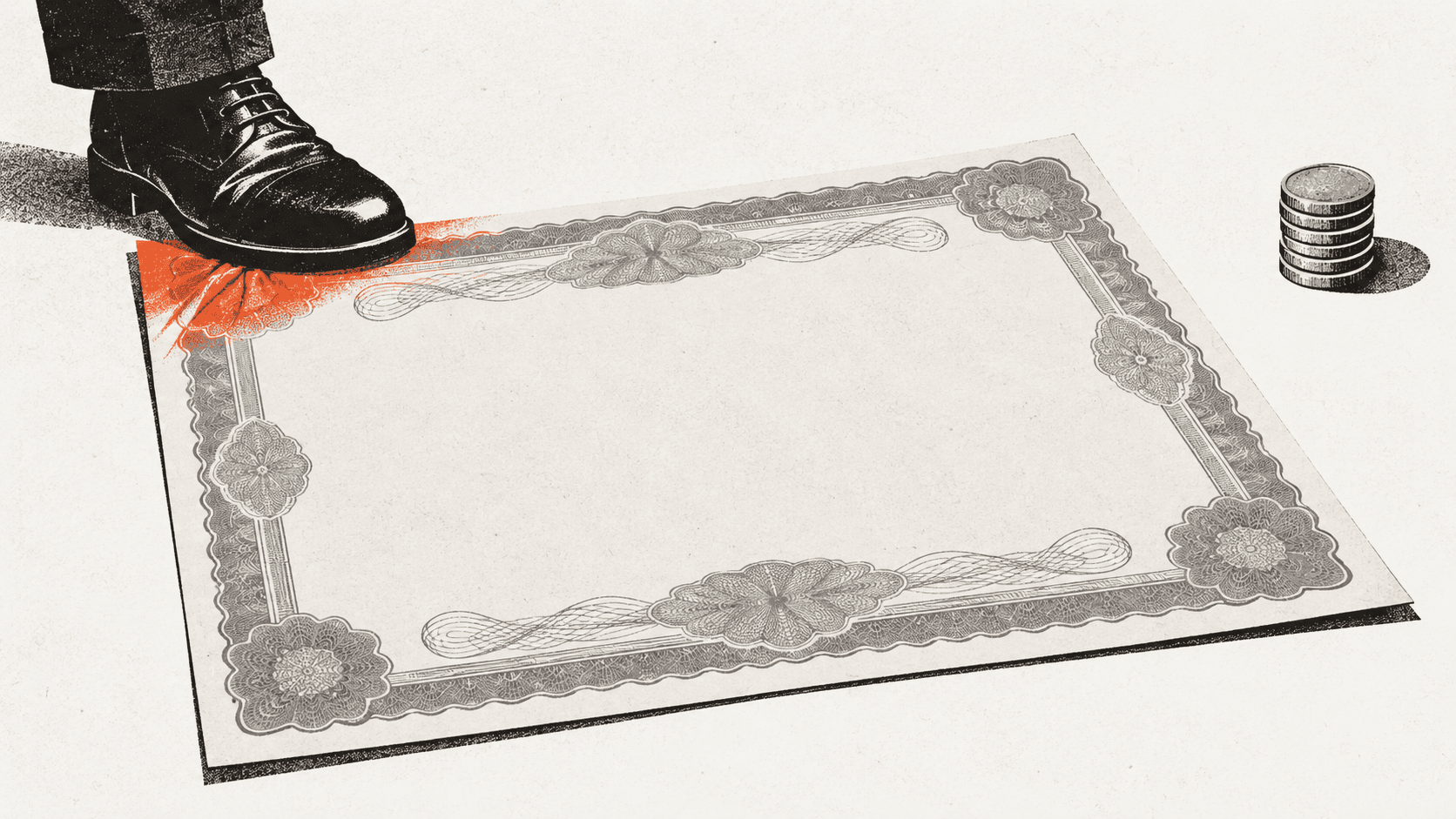 An oversized blank share certificate on a floor with a small stack of coins resting beside it, untouched.