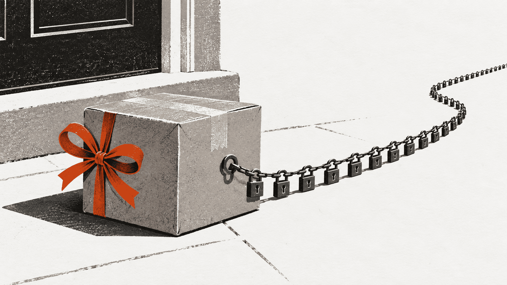 A delivery parcel on a doorstep tied with a ribbon in three loops on one side, and a long chain of padlocks trailing away into the distance on the other.