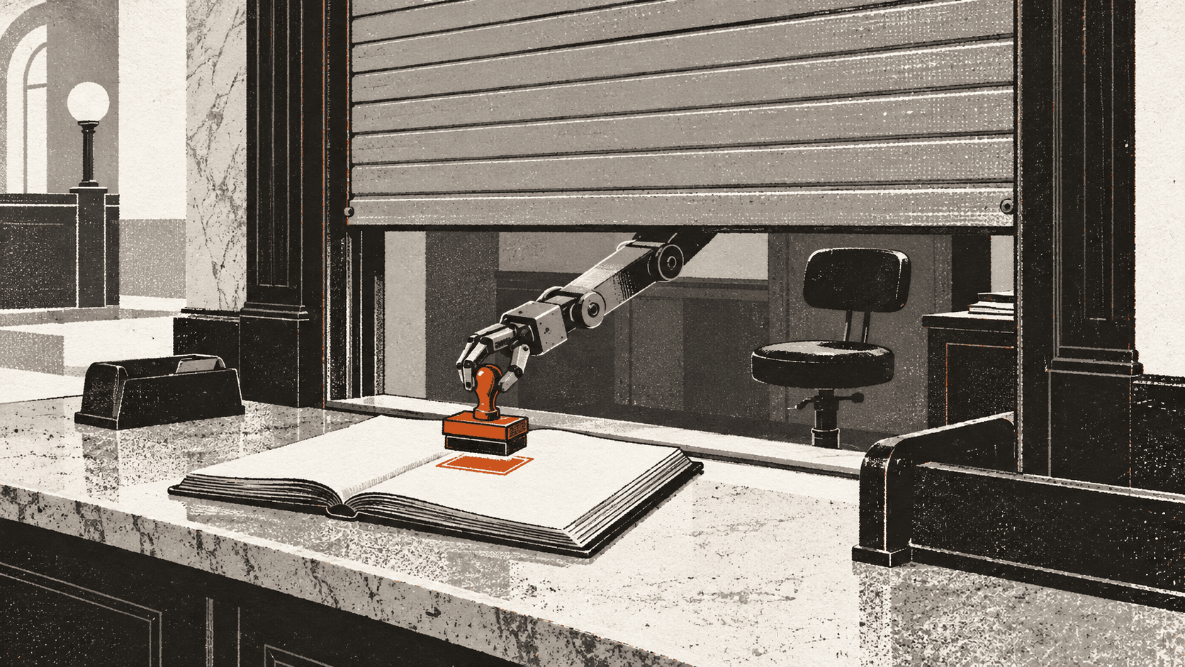 An empty stool behind a bank teller's counter with its shutter half-lowered, while a mechanical arm reaches beneath the shutter to stamp an open ledger on the counter.