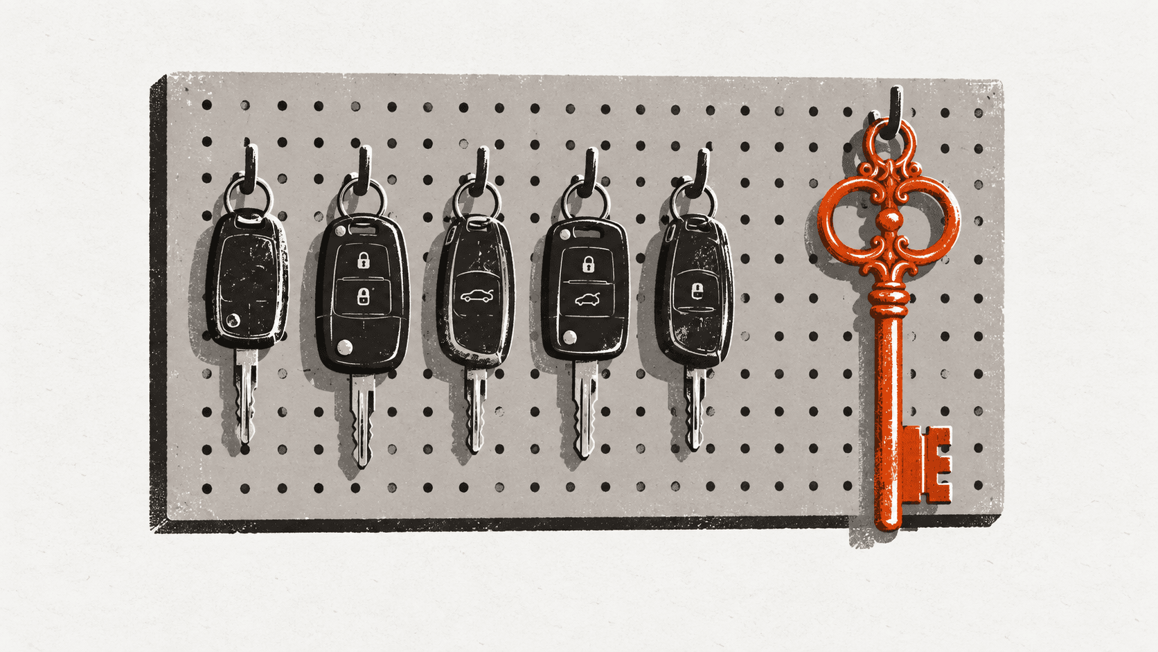 A pegboard displays several ordinary car key fobs on hooks beside one oversized, untouched vault key hanging separately.