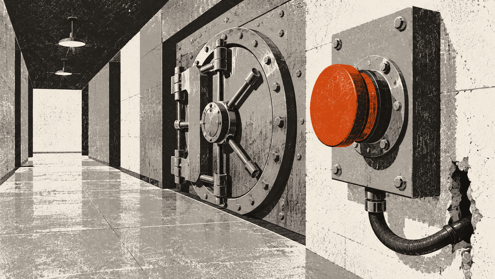 A large red stop button on a steel panel beside a closed bank vault door in an empty corridor, its cable disappearing into the wall.