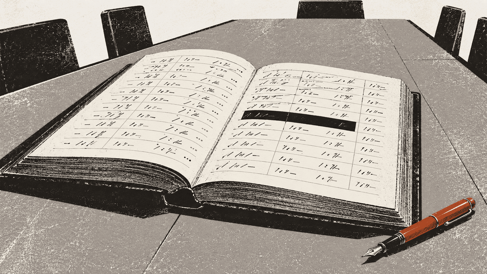An open ledger on a boardroom table showing rows of handwritten figures, with a single line blacked out by a thick rectangle of ink.