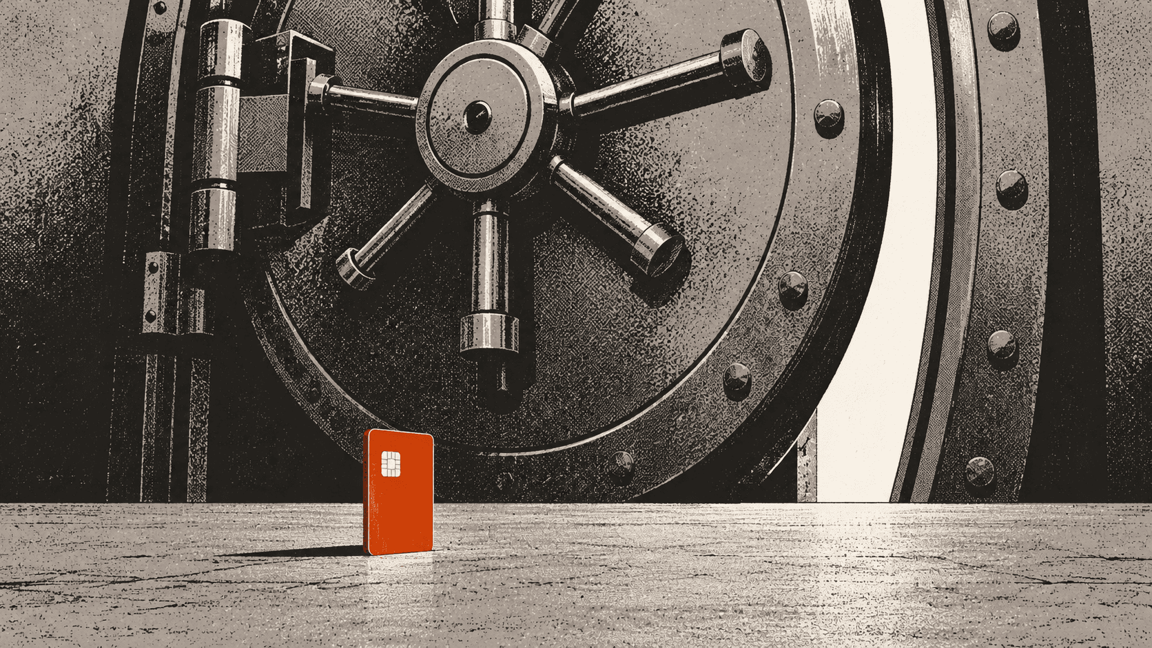 A small debit card standing alone on the floor in front of a huge, slightly open bank vault door that towers over it.