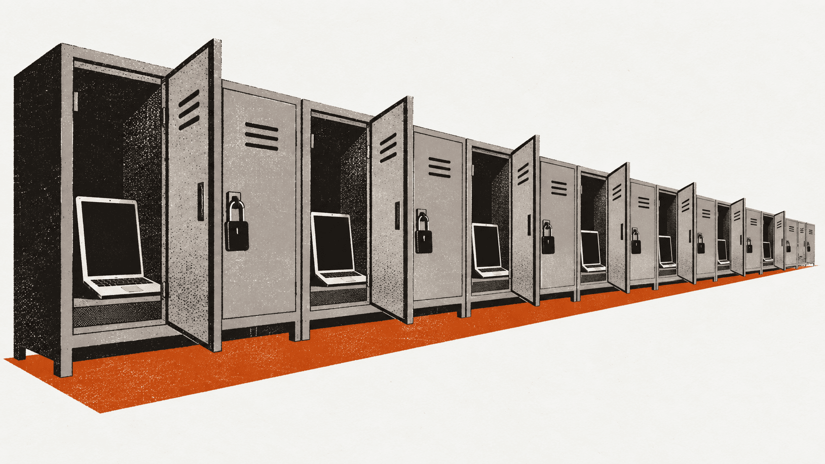 A long row of office lockers, half of them open with a laptop inside each and the other half closed and padlocked.