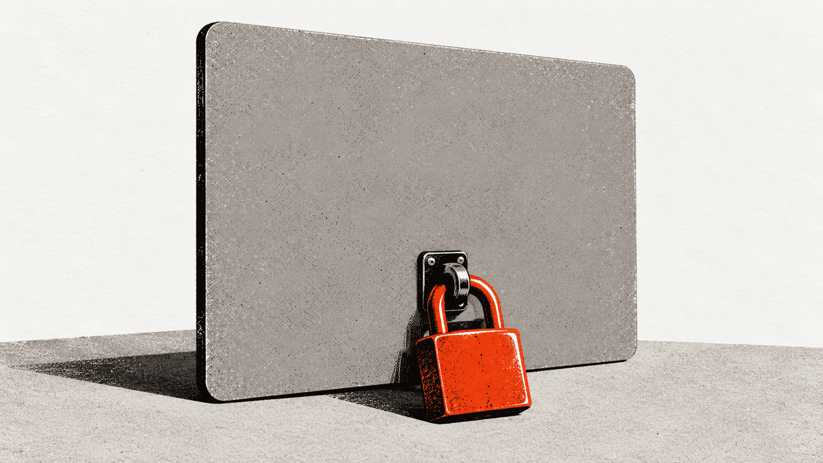 An oversized blank bank card standing upright on a bare desk with a padlock hanging from its lower edge, its face completely plain.