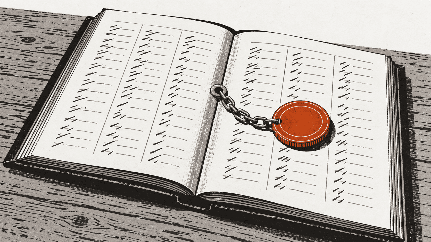 A metal token chained to the page of an open ledger book, resting among rows of handwritten entries.