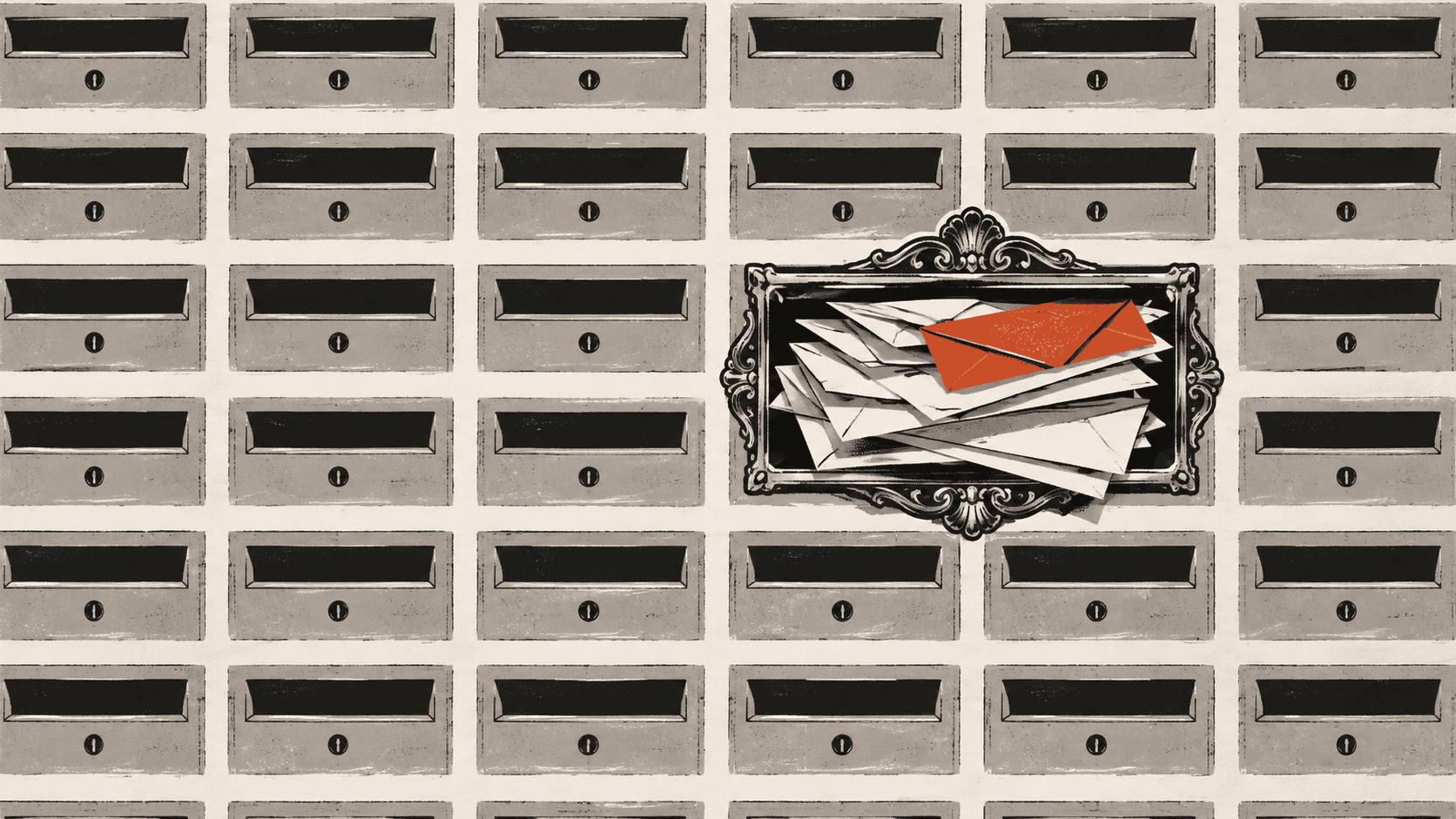 A single ornate brass mail pigeonhole crammed with envelopes, set into an otherwise plain wall of identical anonymous numbered mail slots.