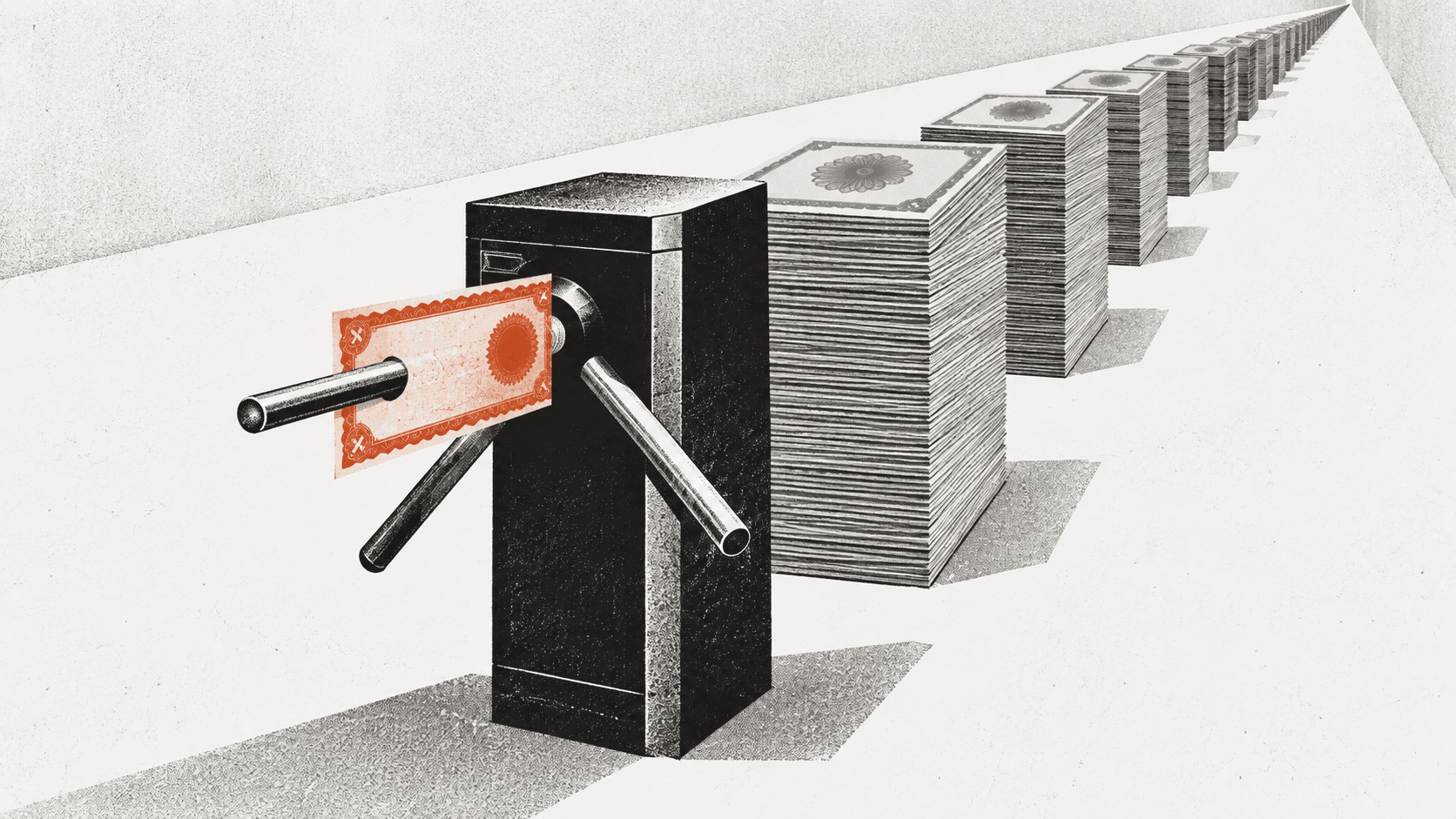A bond certificate passes through a turnstile while a tall stack of identical share certificates waits queued behind it.