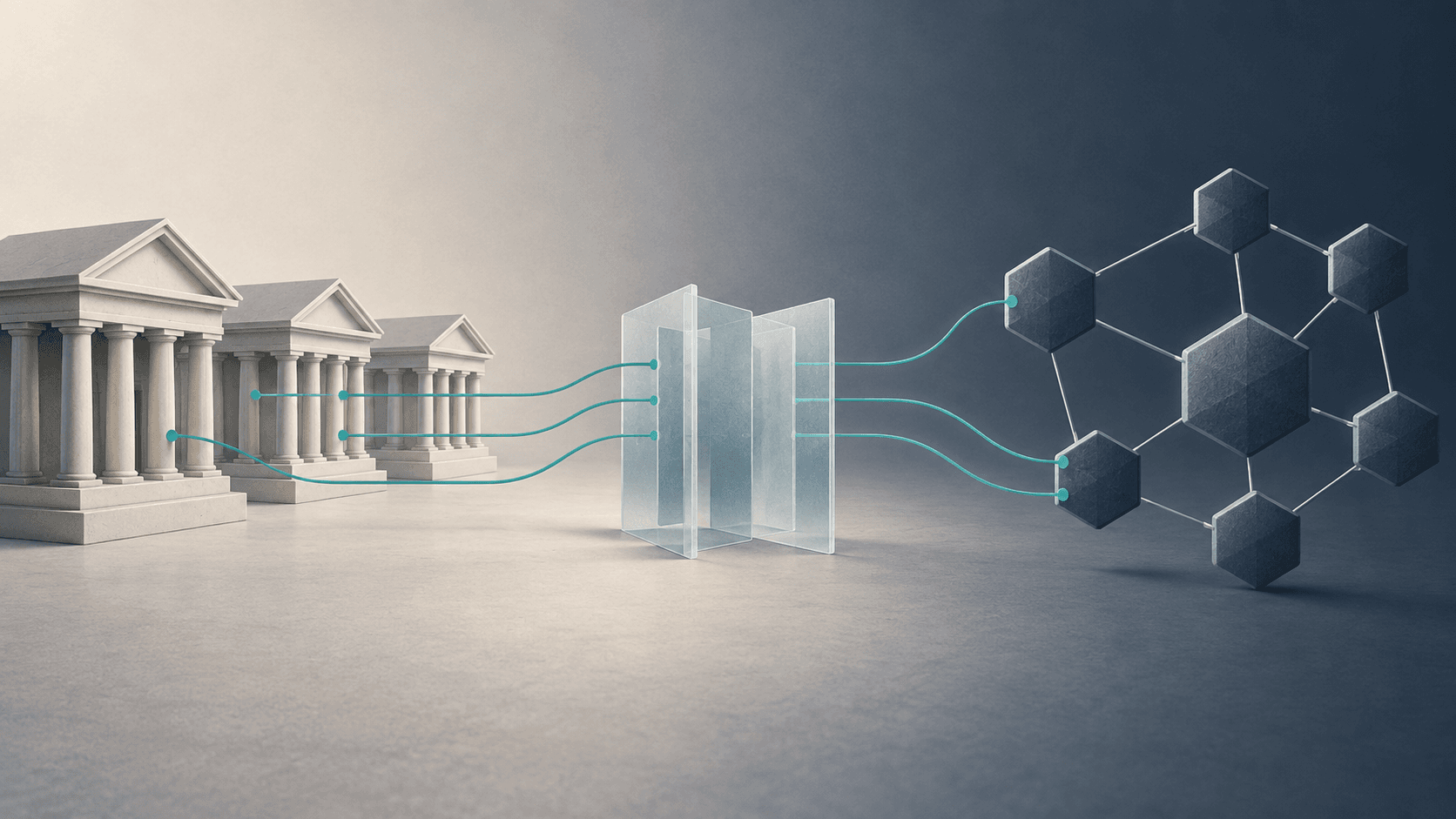 Illustration of stylised bank buildings joined by glowing lines through a central connector to a network of linked hexagonal nodes, representing a link between conventional payment systems and blockchain networks.