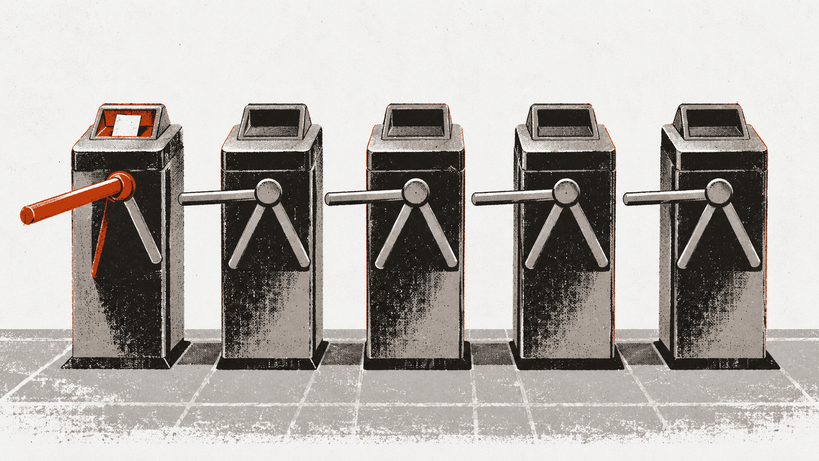 A row of shop turnstiles at a checkout, with only the first gate open and dispensing a ticket while the rest stand locked shut.