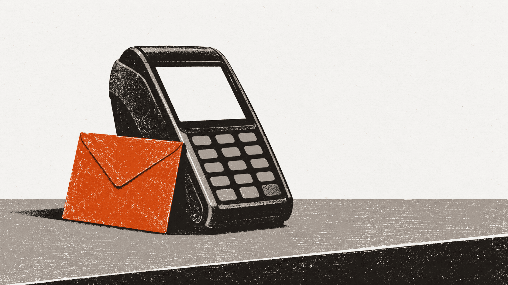A card payment terminal standing alone on an empty shop counter beside an unopened sealed envelope.