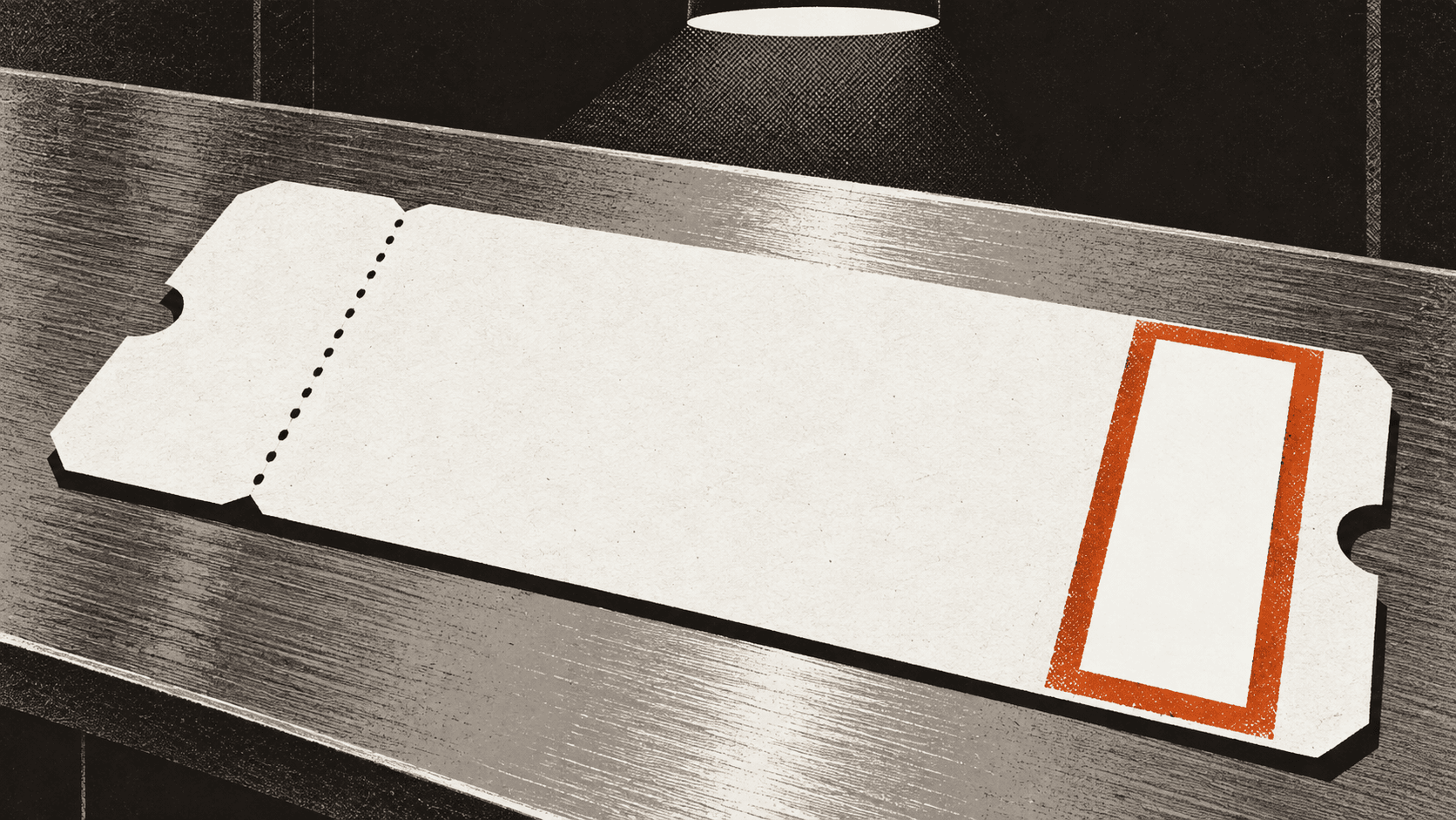 An oversized boarding pass rests on a check-in counter with a blank white panel where its barcode should be.