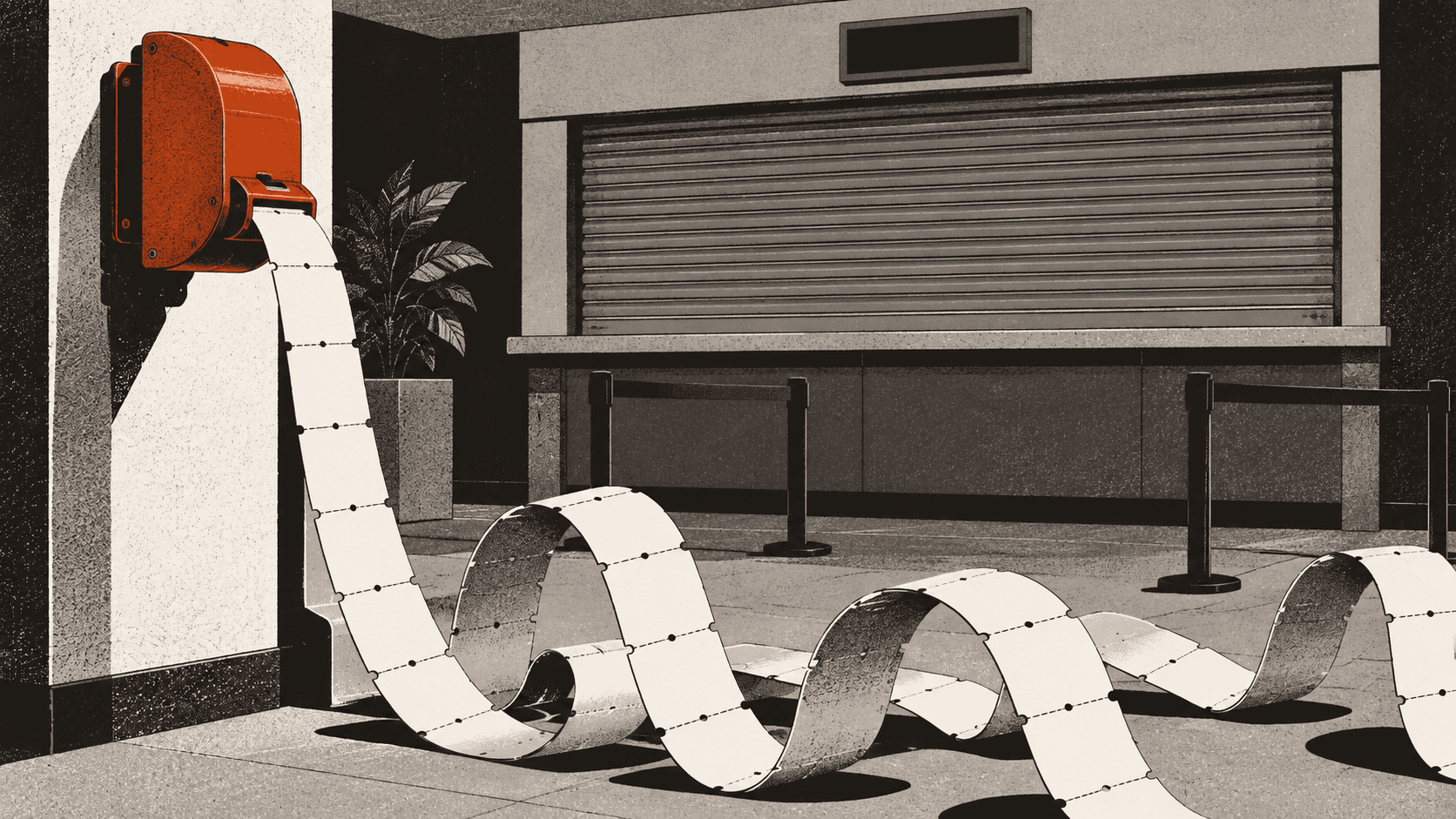 A ticket dispenser churns out an endless coiled chain of numbered paper tickets on the floor in front of a bank counter sealed behind a lowered metal shutter.