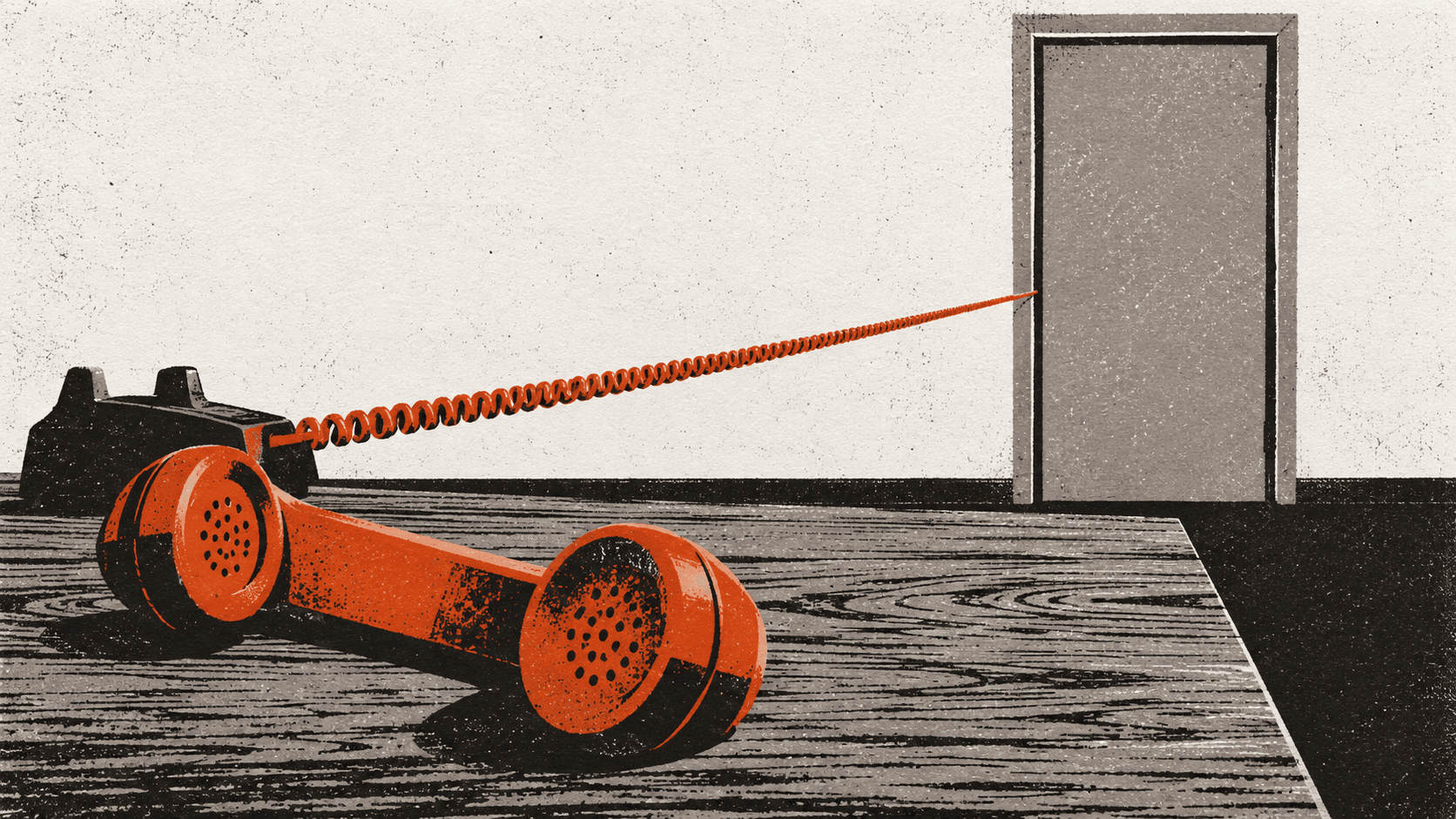 A telephone handset left off the hook on an empty desk, its cord stretching toward a closed door that has no handle.