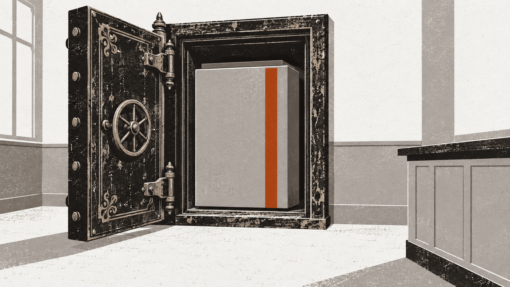 An old ornate safe door stands open in an empty branch interior, revealing a new unmarked steel strongbox fitted inside.