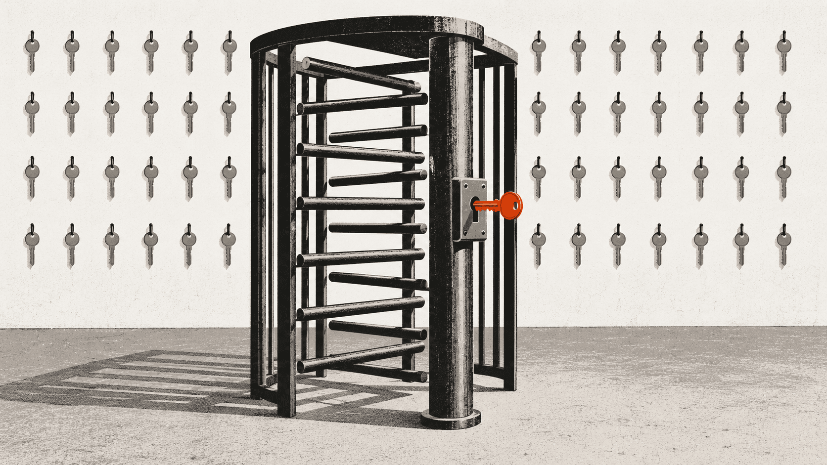 A lone turnstile in an empty room with a wall of unused brass keys behind it, only one key fitted into the lock.