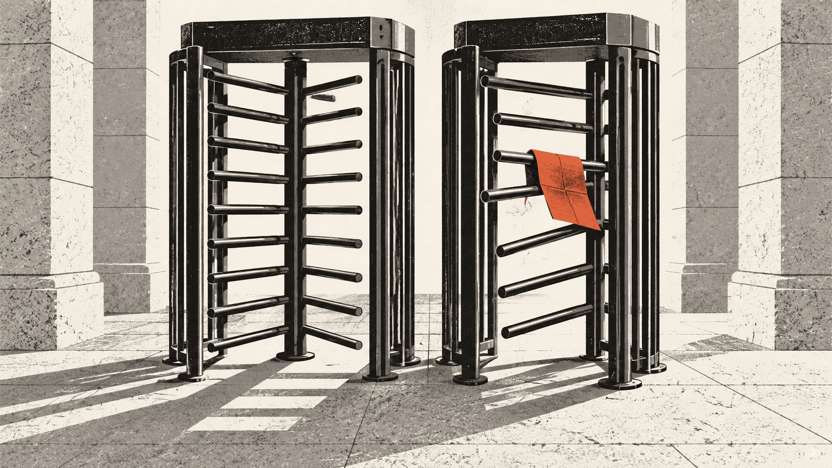 Two tall turnstile gates in an empty stone hall, the first standing fully open and the second jammed half-open with a paper certificate caught in its mechanism.