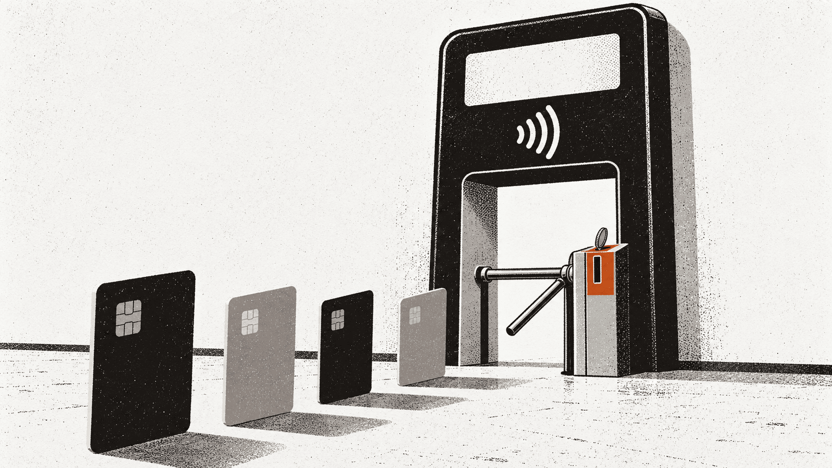 An enormous shop card reader built into a wall, with a coin-operated turnstile at its foot and a row of upright bank cards queuing to get through.
