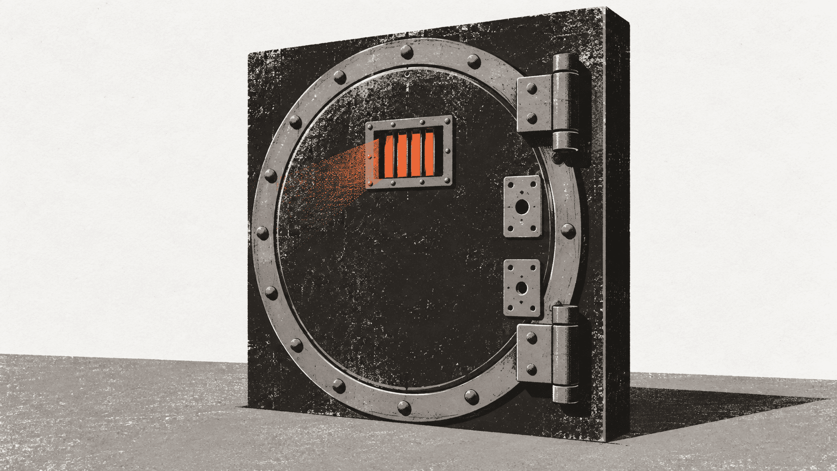 A heavy vault door stands alone in an empty room, its small barred window letting light through while the door itself has no handle, only bare hinges.