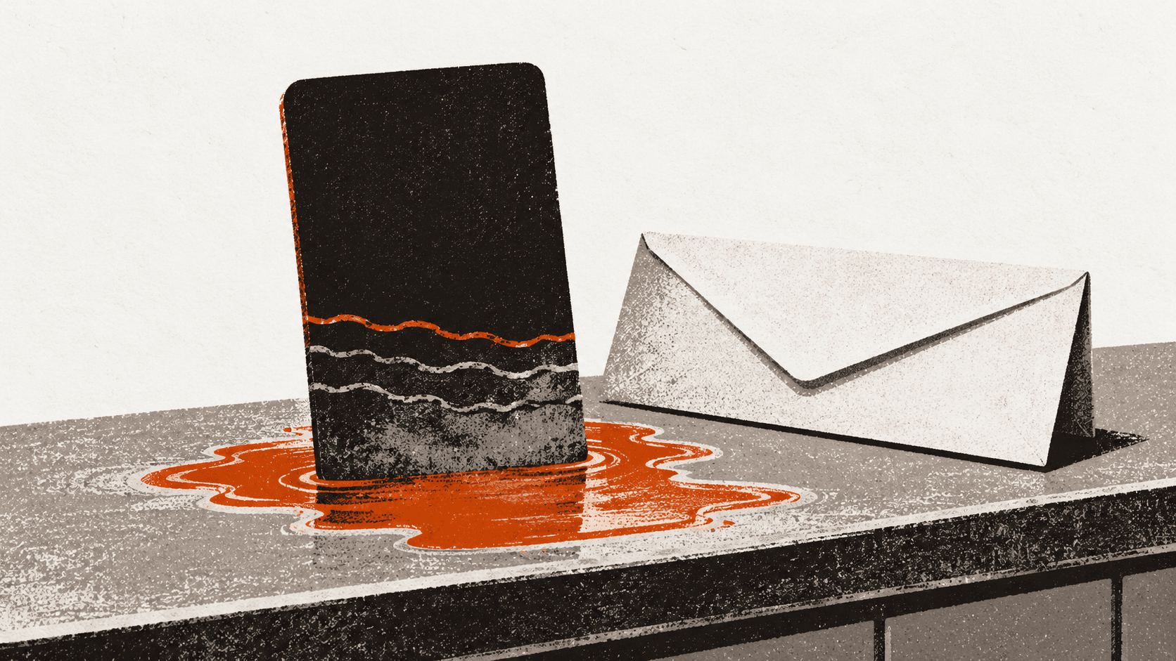 A bank card standing on a counter with water-level marks rising and falling around its base, next to a sealed, unmarked white envelope.