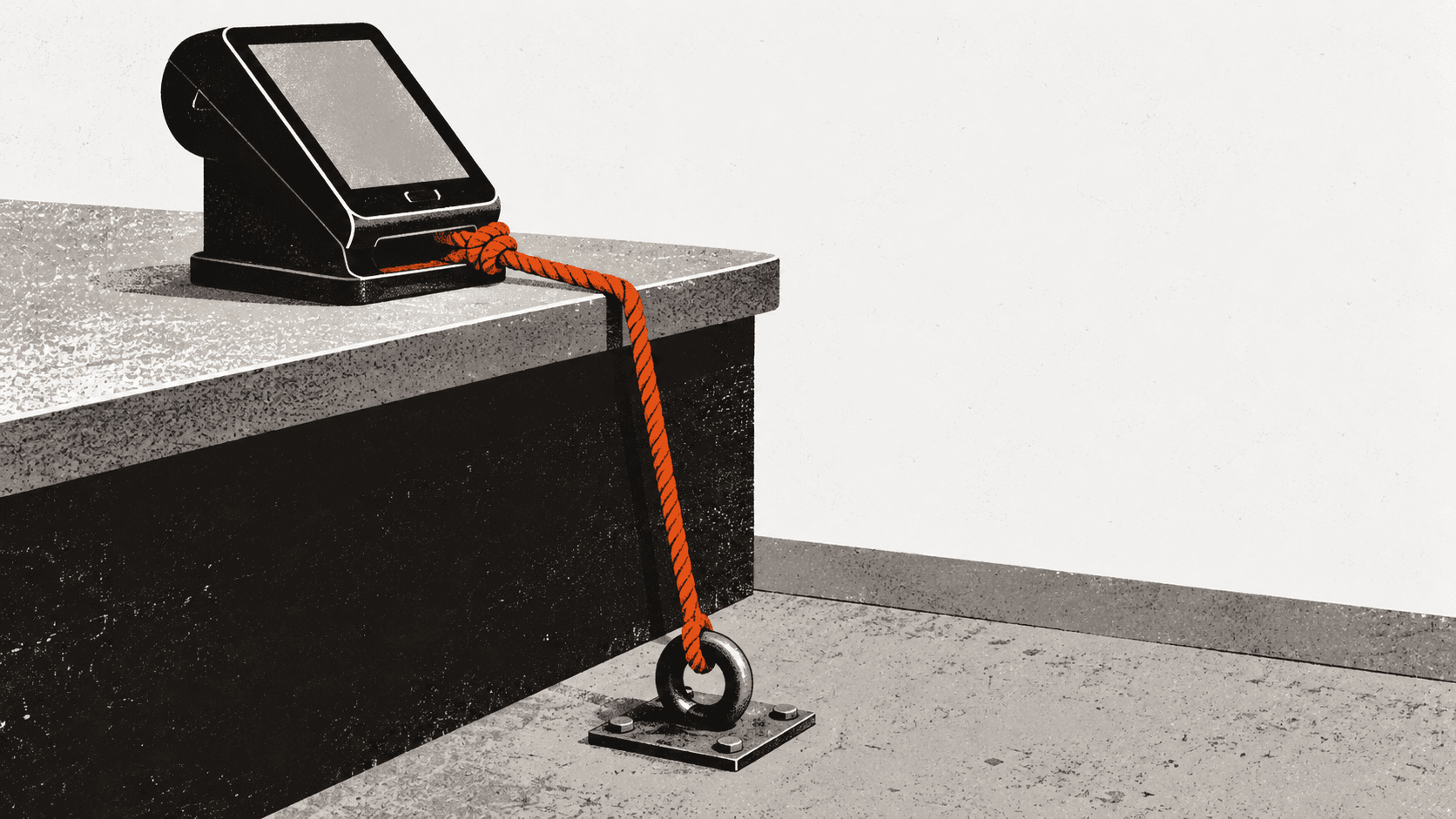 A card payment terminal on a shop counter tethered to the floor by a taut rope, unable to move beyond a fixed limit.