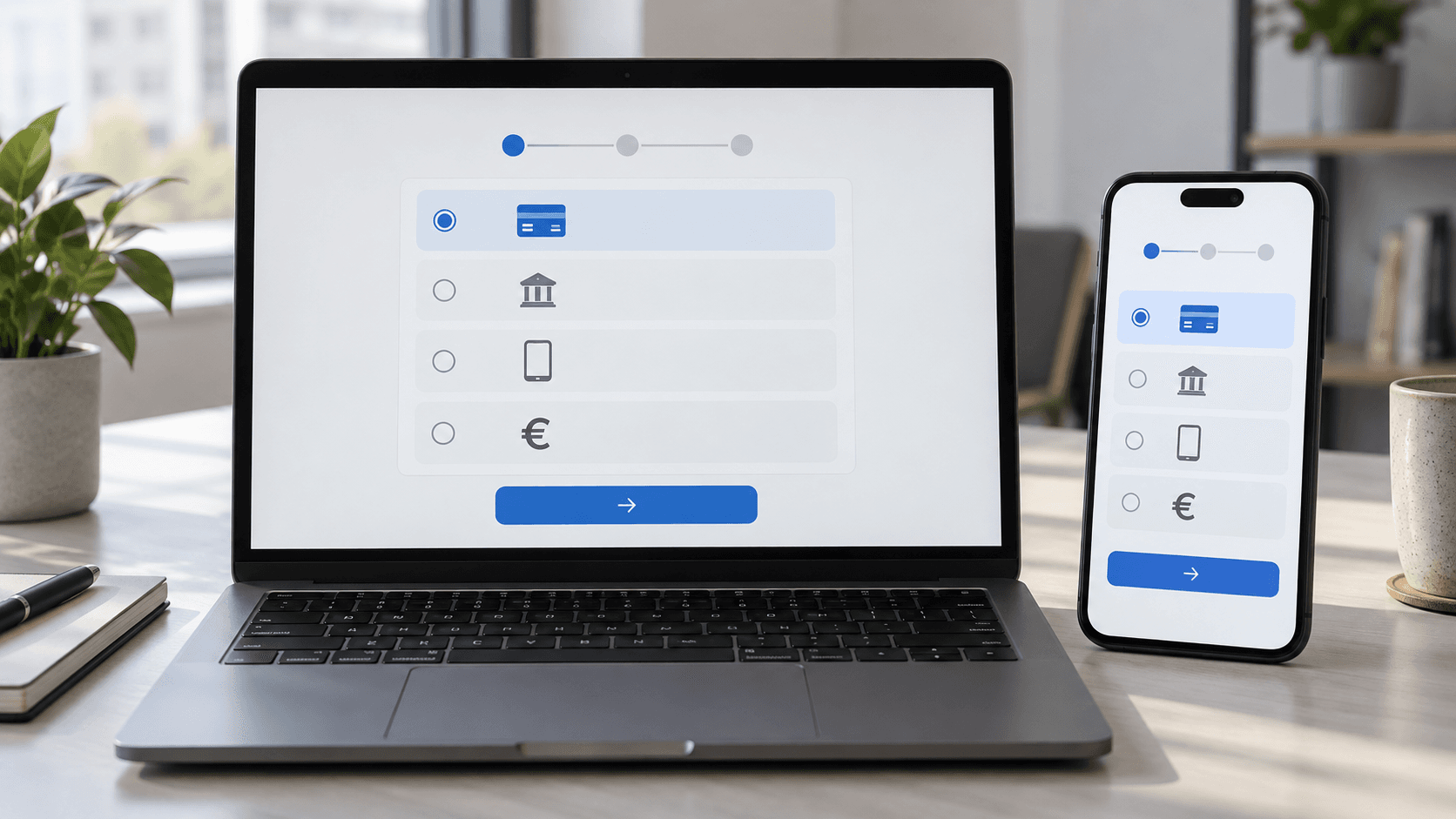 A laptop and smartphone showing a generic online checkout screen with a payment method selection step and a euro symbol among simple payment icons.