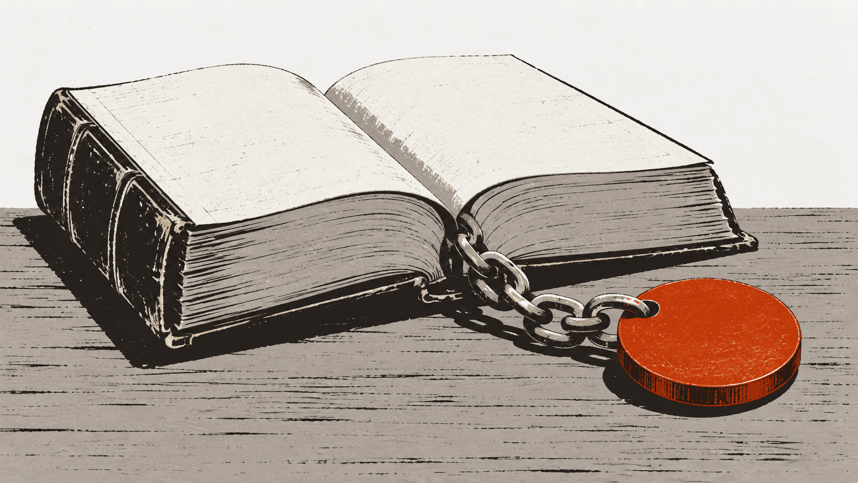 A thick leather-bound ledger lies open on a table, connected by a short chain to a blank, coin-shaped disc resting next to it.