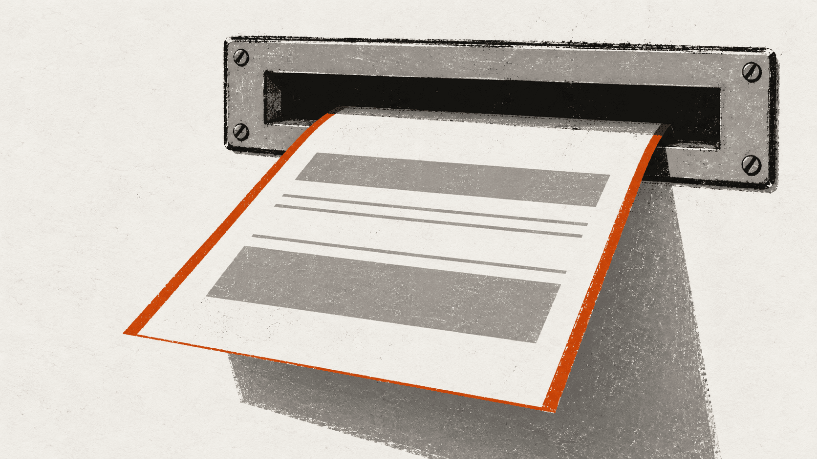 A printed investment account statement half pushed through a brass letterbox in a bare wall, the rest already disappeared into the slot.