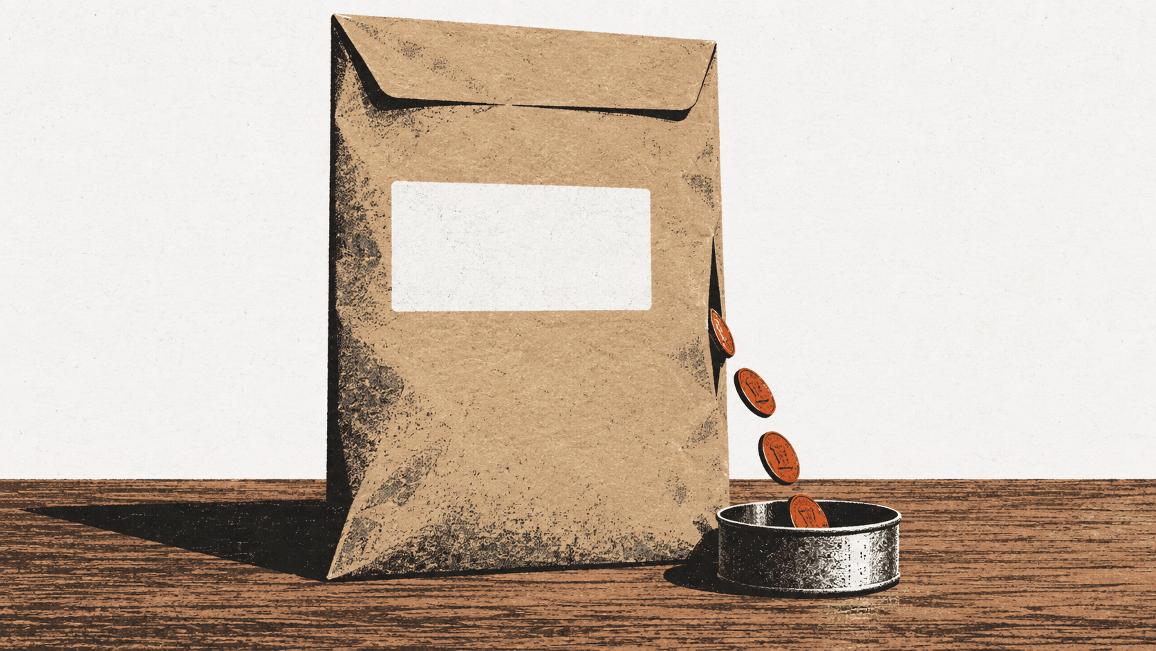 A sealed manila payroll envelope with a blank label stands on a desk, coins trickling from a slit in its side into a small tin.