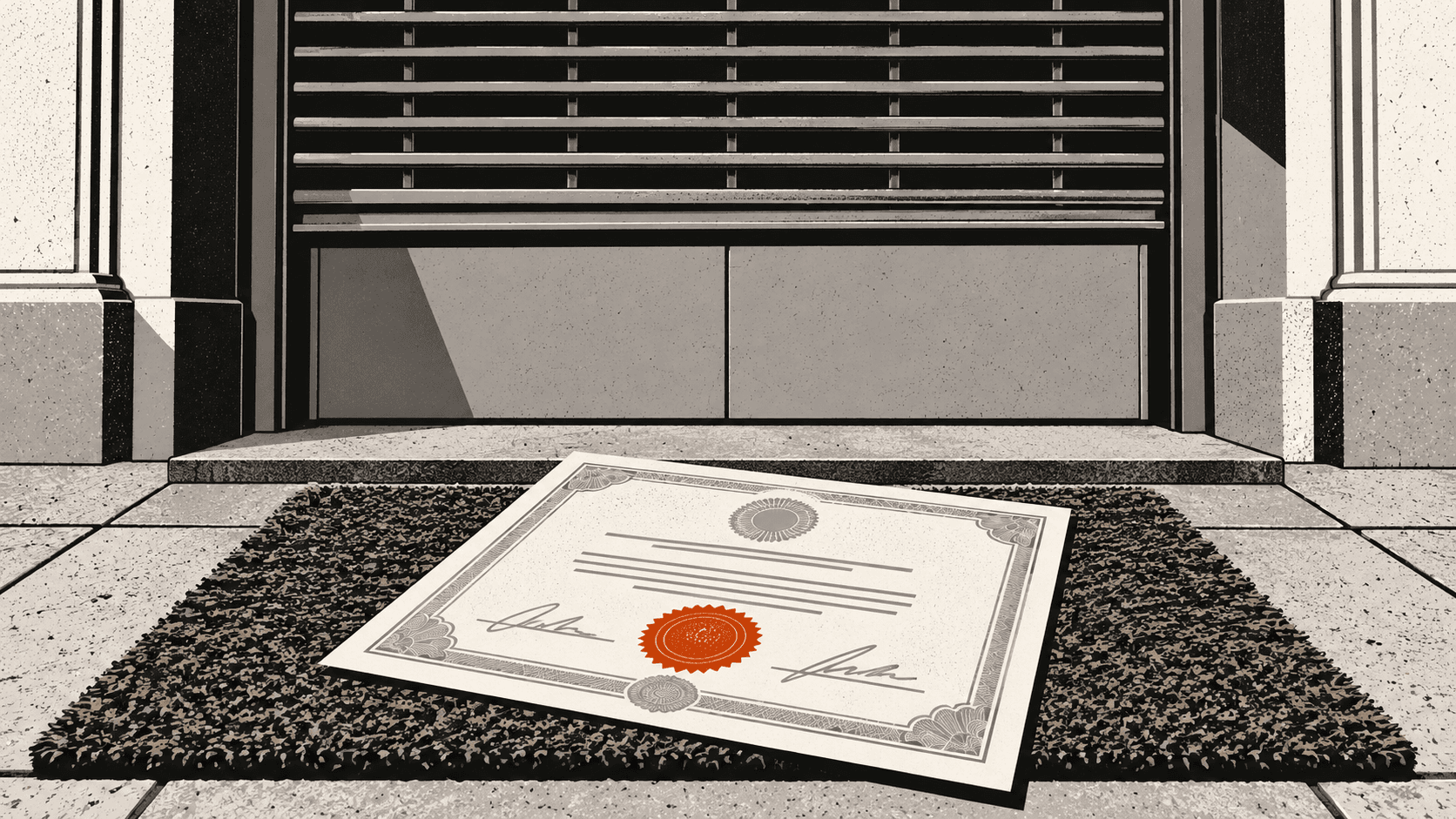 A paper certificate rests on a doormat outside a bank branch whose security shutter is down and whose door has no handle.