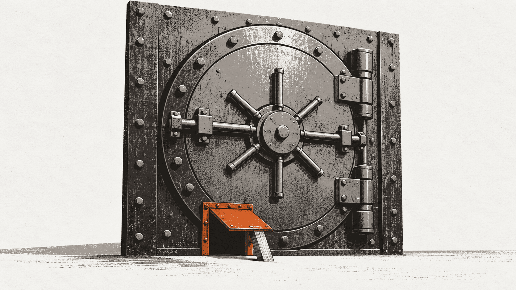 A giant bolted bank vault door stands shut while a small hinged flap near its base is propped open with a wooden wedge.