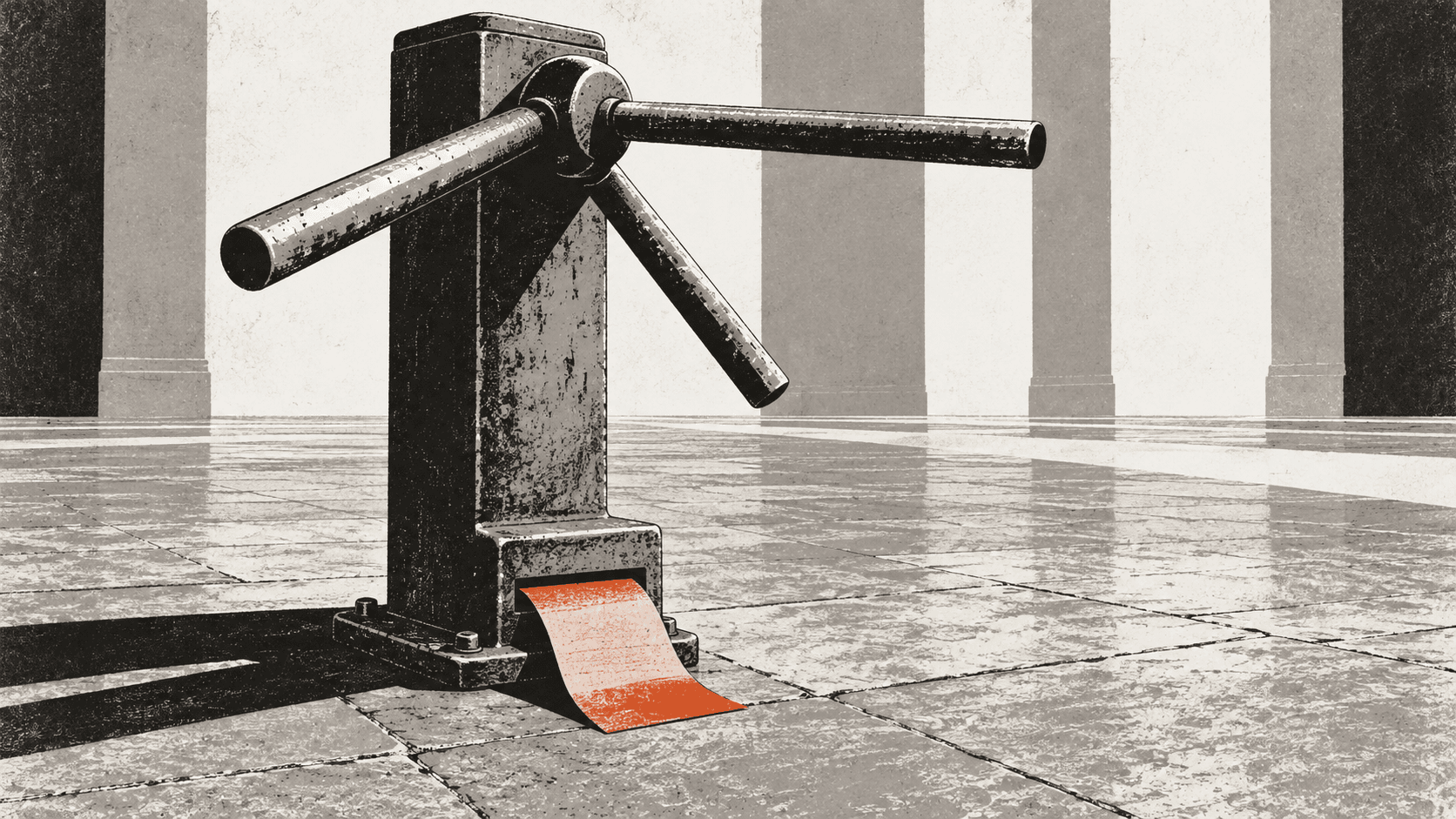 A lone iron turnstile in an empty hall with a paper form fed halfway into a slot at its base.