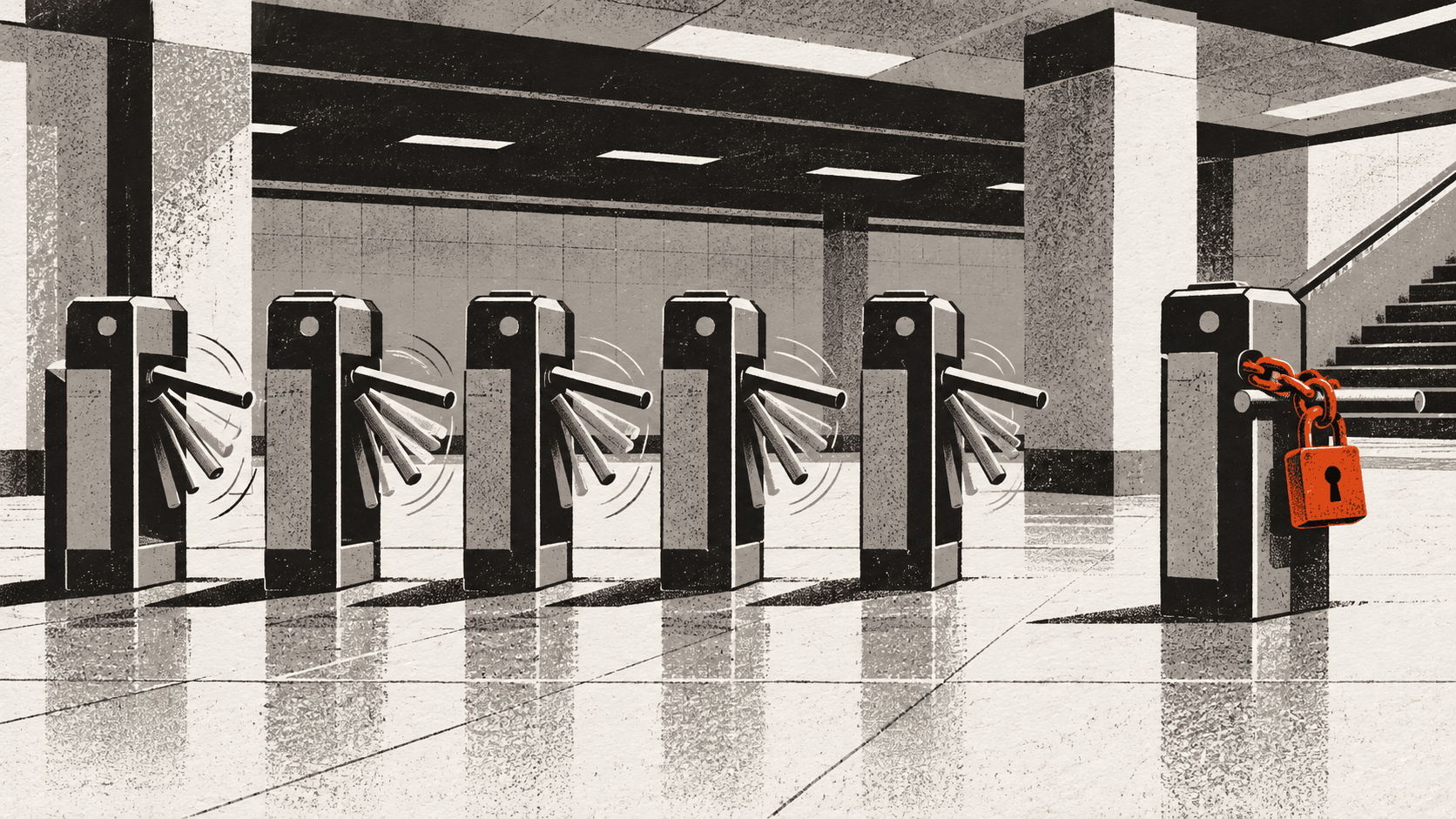Several turnstiles spin open in a row while one turnstile standing apart from them is fastened shut with a heavy padlock and chain.