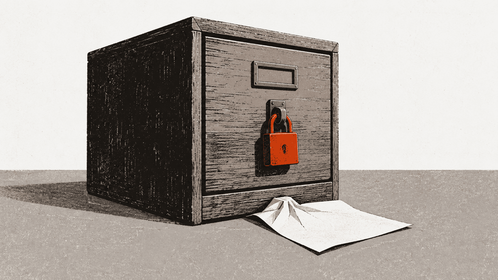 A padlocked filing-cabinet drawer standing alone with a paper certificate trapped beneath it, unable to be removed.