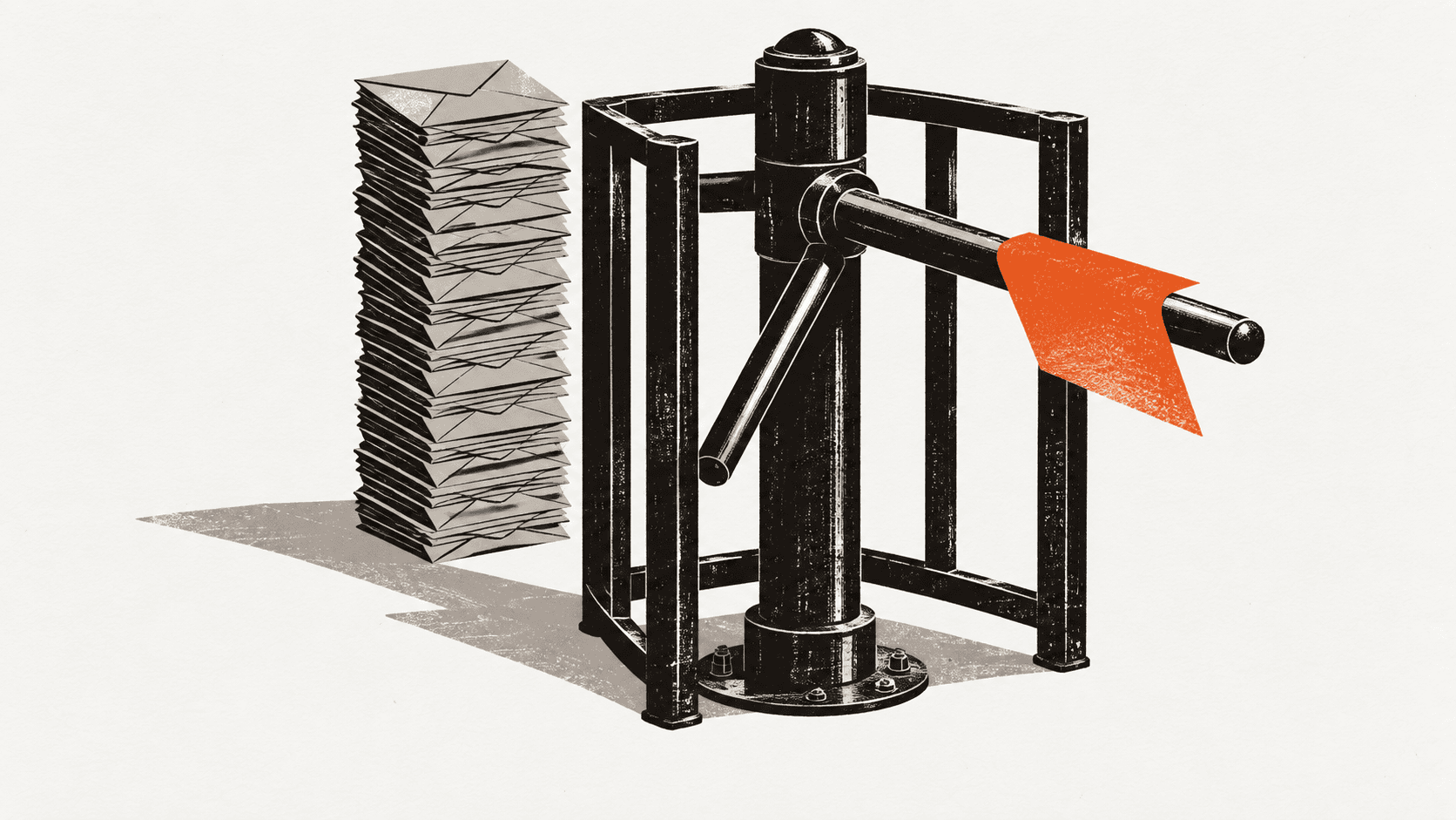An iron turnstile with one paper form caught halfway through its arm, and a tall stack of sealed envelopes queued on the floor behind it.