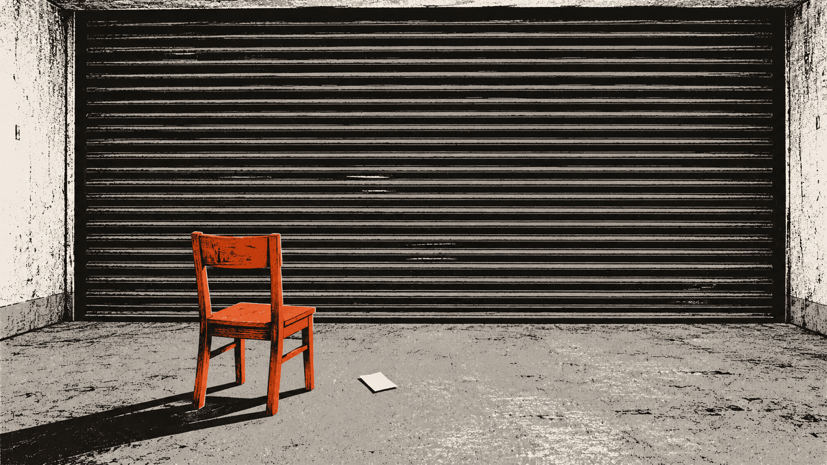 A lone wooden chair in an empty room faces a vast closed roller shutter, a single scrap of paper on the floor before it.