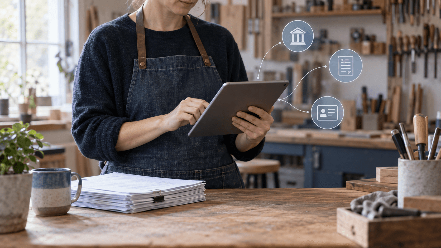 A small-business owner at a workshop counter reviews a loan application on a tablet, with faint connecting lines linking it to simple icons of a bank, a ledger and an identity card.