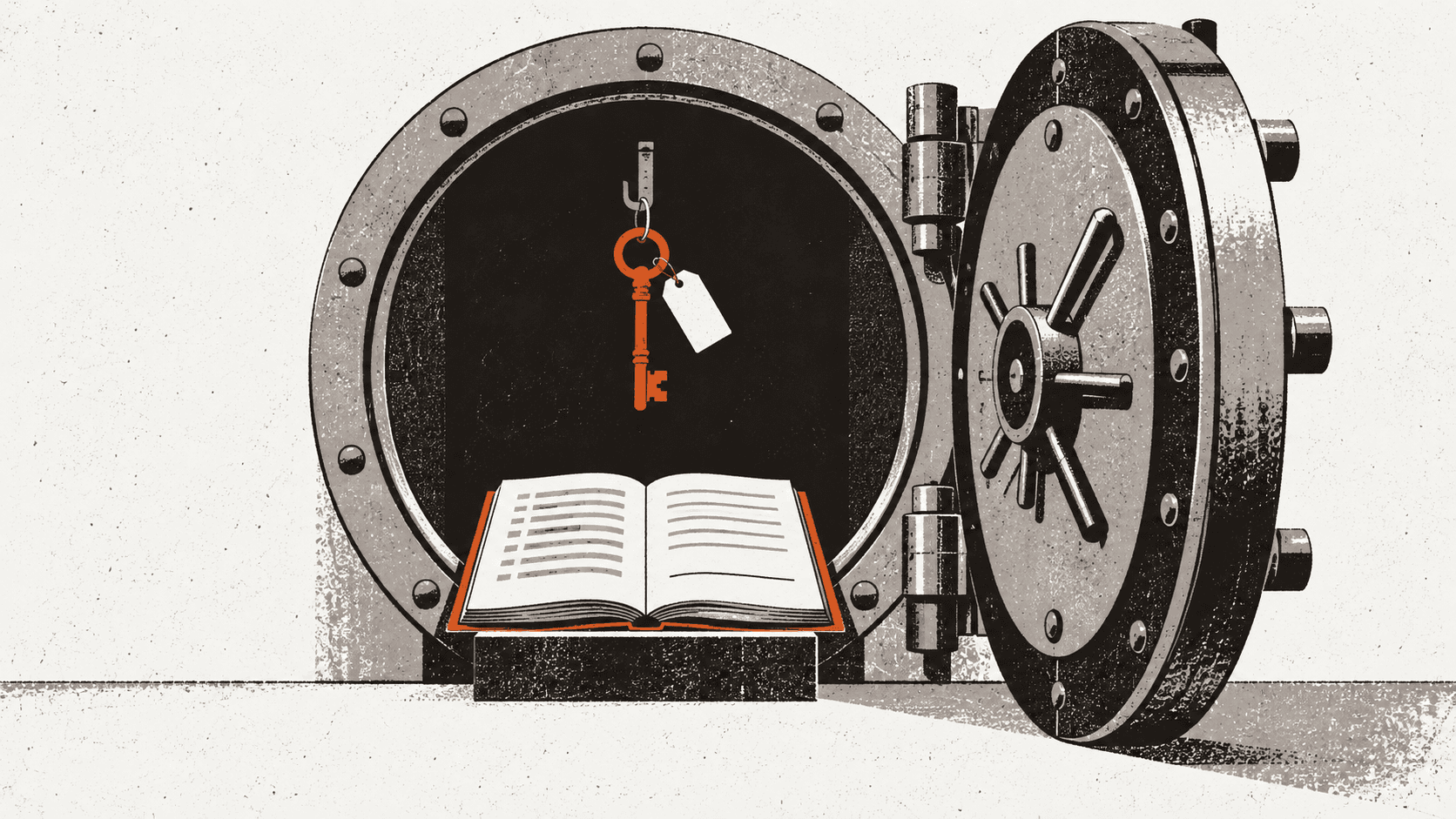 An open bank vault with a single key hanging inside and an open ledger at its threshold, the last line of the ledger left blank.
