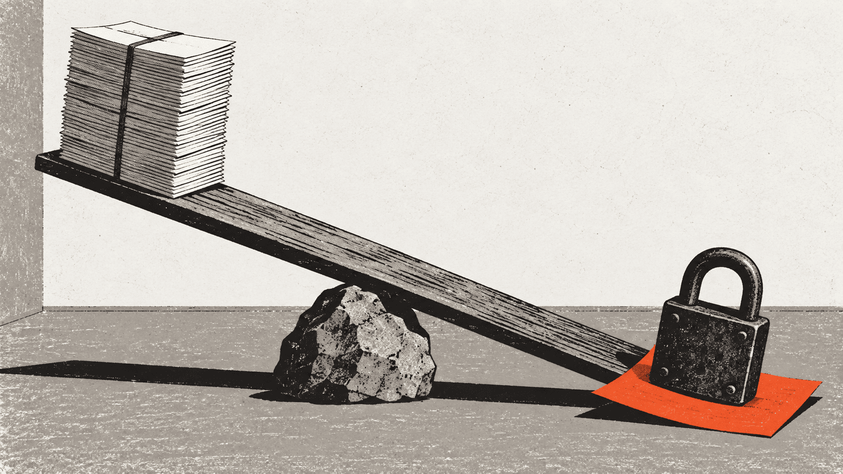 A wooden seesaw with a tall neat stack of papers raised high on one side and a single paper weighed down by a padlock kept low on the other.